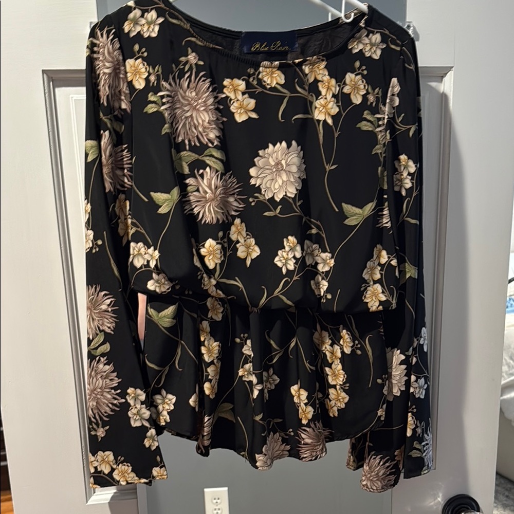 Blue Rain Black and Tan Peplum Blouse Long Sleeve